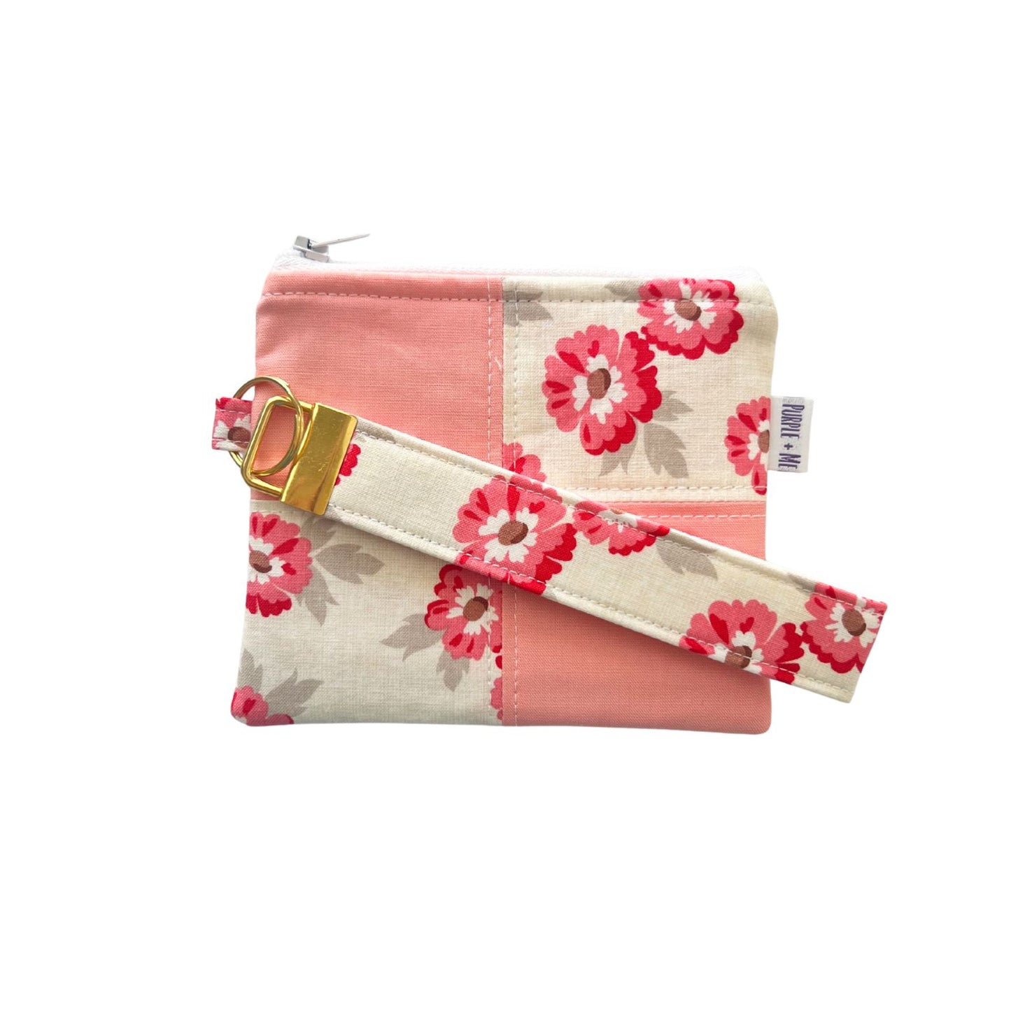 Pink/Red Floral Key Fob Wristlet + Zipper Pouch